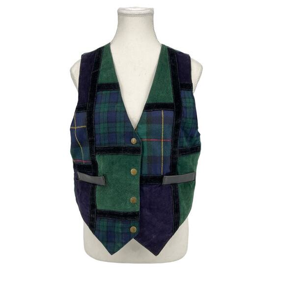 Vintage 90’s Learsi Vest Suede Leather Plaid Patchwork Green Small - Picture 2 of 9